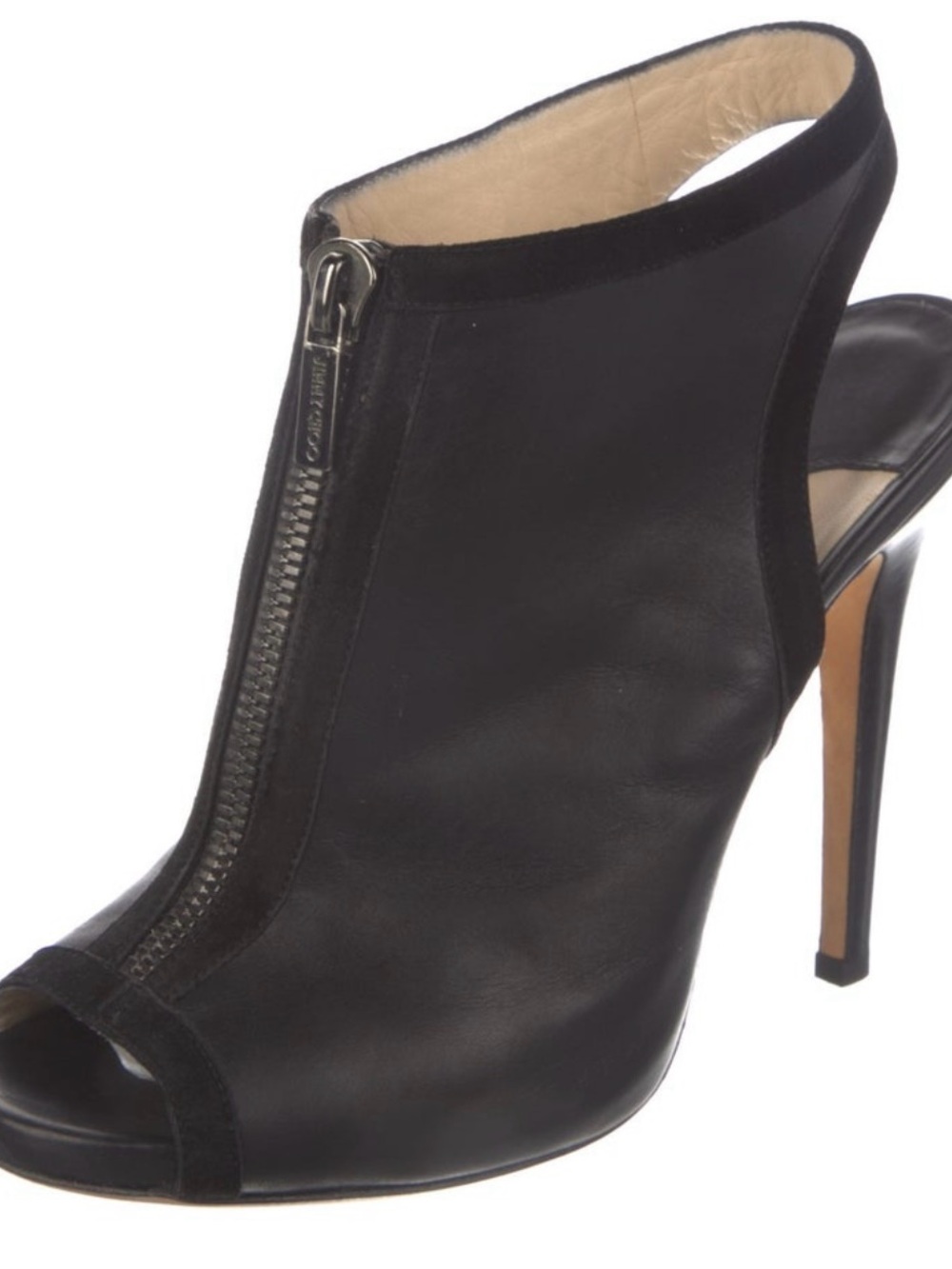 Jimmy Choo Black Leather Peep-Toe Stiletto Slingback with Front Zip